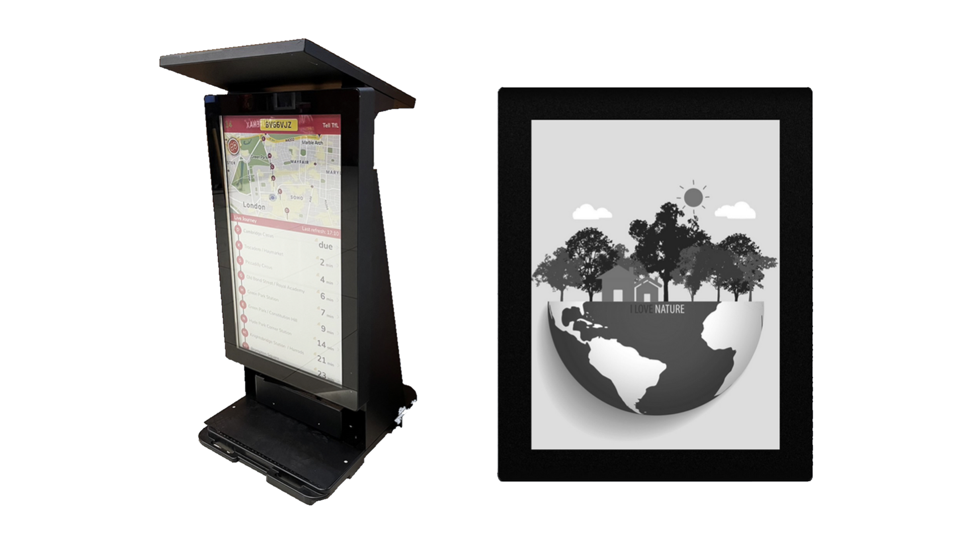 Ein grosser Bildschirm, der eine Karte zusammen mit einem Tablet anzeigt und die Electronic Ink Displays von Parasigna präsentiert.